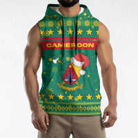 Cameroon Christmas Sleeveless Hoodie with Green Red Pattern Coat of Arms Santa Hat and Stars Motif - Wonder Print Shop