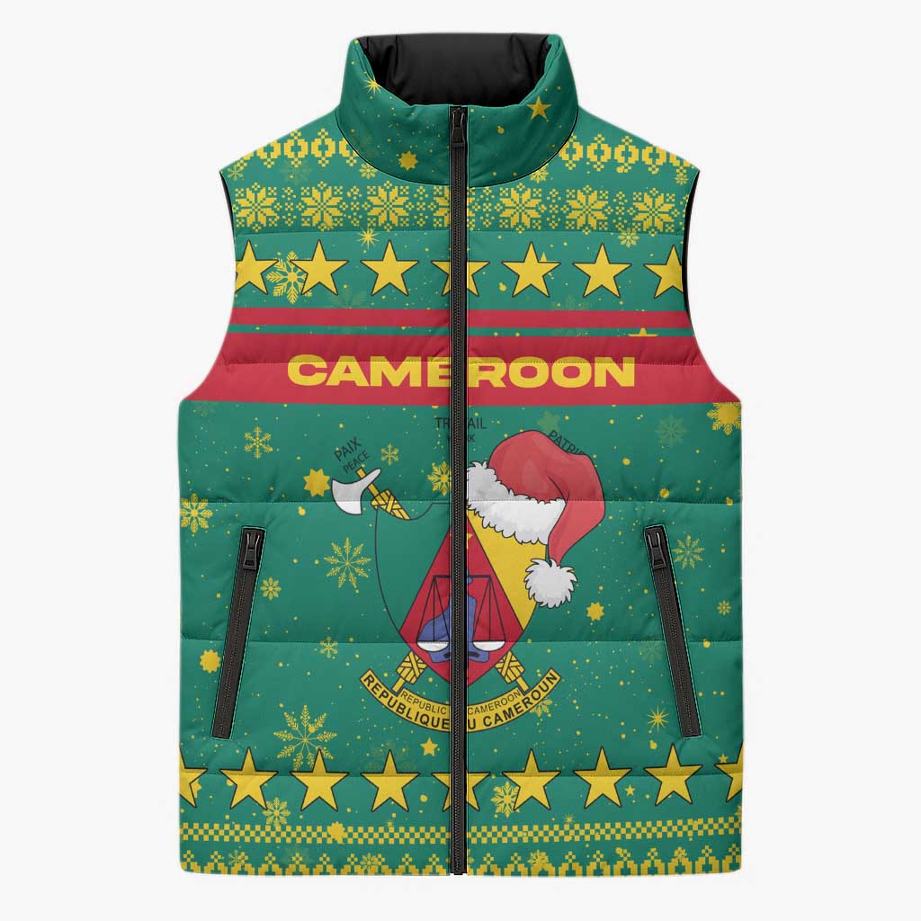 Cameroon Christmas Sleeveless Puffer Jacket with Green Red Pattern Coat of Arms Santa Hat and Stars Motif - Wonder Print Shop