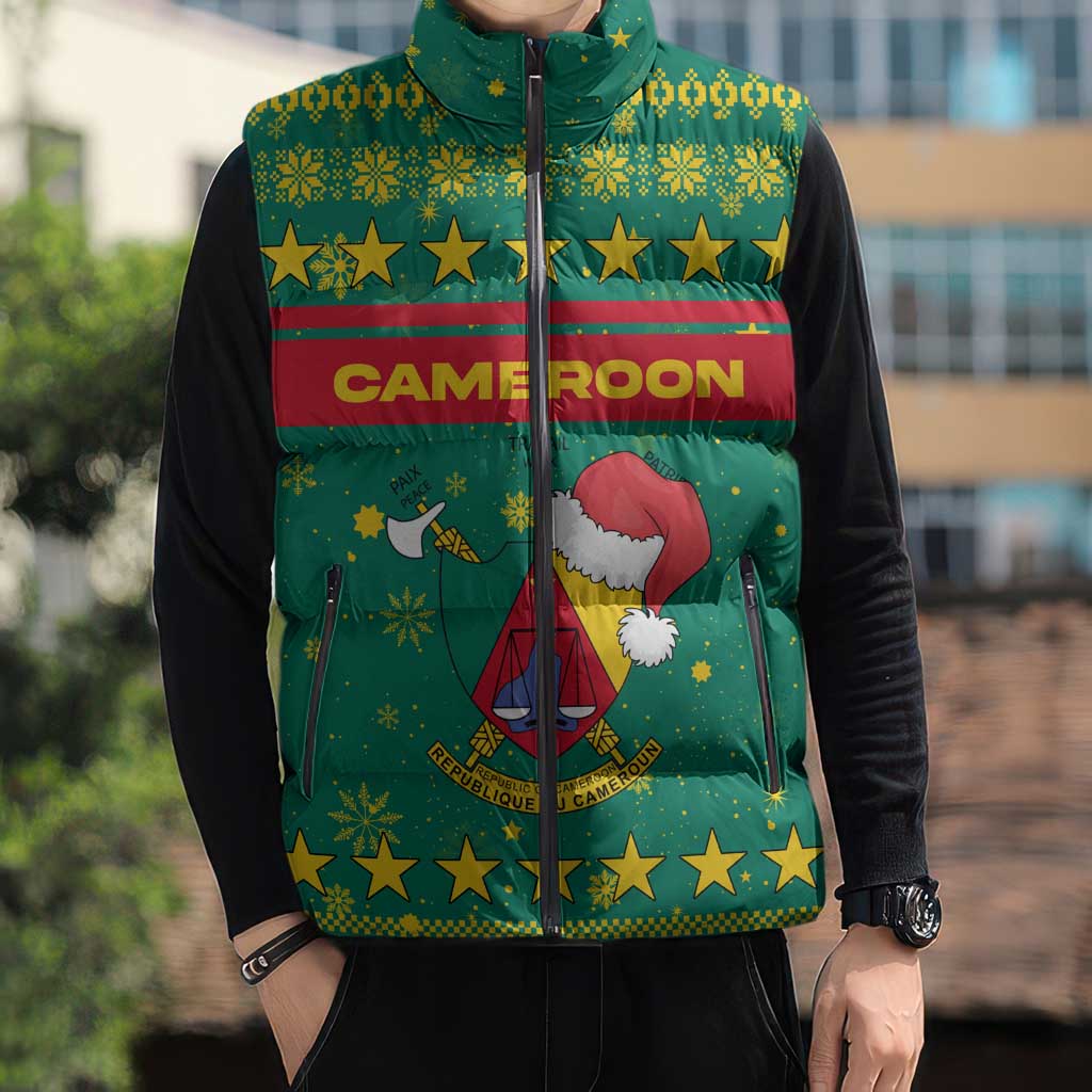 Cameroon Christmas Sleeveless Puffer Jacket with Green Red Pattern Coat of Arms Santa Hat and Stars Motif - Wonder Print Shop