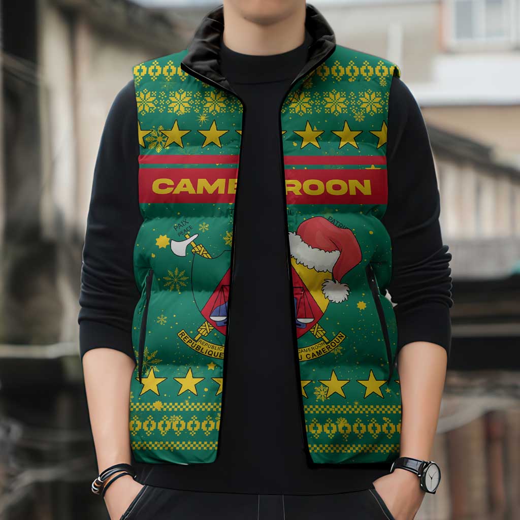 Cameroon Christmas Sleeveless Puffer Jacket with Green Red Pattern Coat of Arms Santa Hat and Stars Motif - Wonder Print Shop
