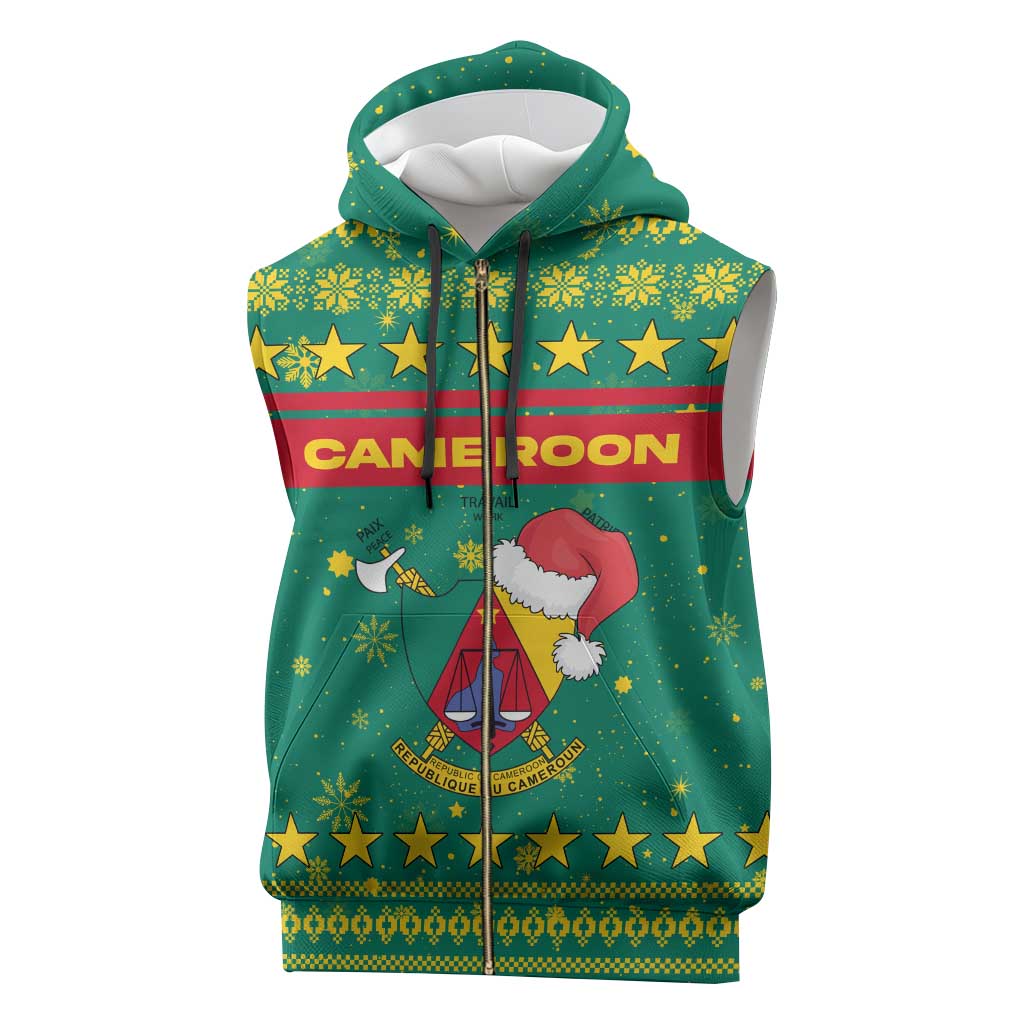Cameroon Christmas Sleeveless Zip Hoodie with Green Red Pattern Coat of Arms Santa Hat and Stars Motif - Wonder Print Shop