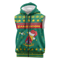 Cameroon Christmas Sleeveless Zip Hoodie with Green Red Pattern Coat of Arms Santa Hat and Stars Motif - Wonder Print Shop