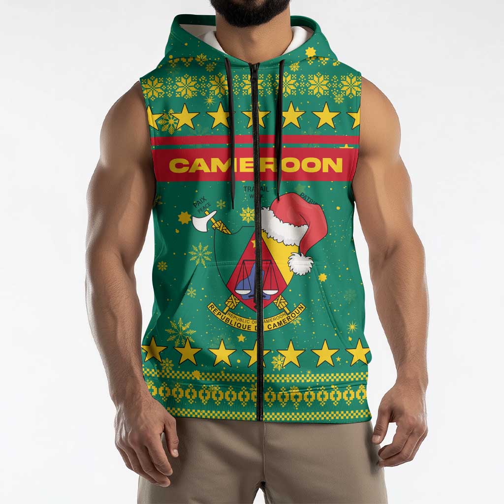 Cameroon Christmas Sleeveless Zip Hoodie with Green Red Pattern Coat of Arms Santa Hat and Stars Motif - Wonder Print Shop