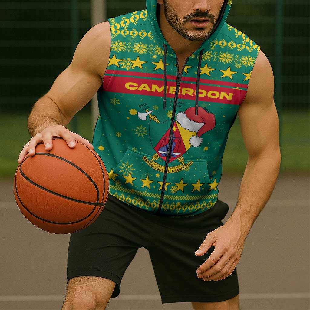 Cameroon Christmas Sleeveless Zip Hoodie with Green Red Pattern Coat of Arms Santa Hat and Stars Motif - Wonder Print Shop