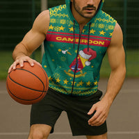 Cameroon Christmas Sleeveless Zip Hoodie with Green Red Pattern Coat of Arms Santa Hat and Stars Motif - Wonder Print Shop