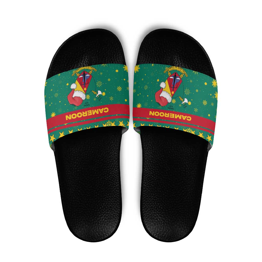 Cameroon Christmas Slide Sandals with Green Red Pattern Coat of Arms Santa Hat and Stars Motif - Wonder Print Shop