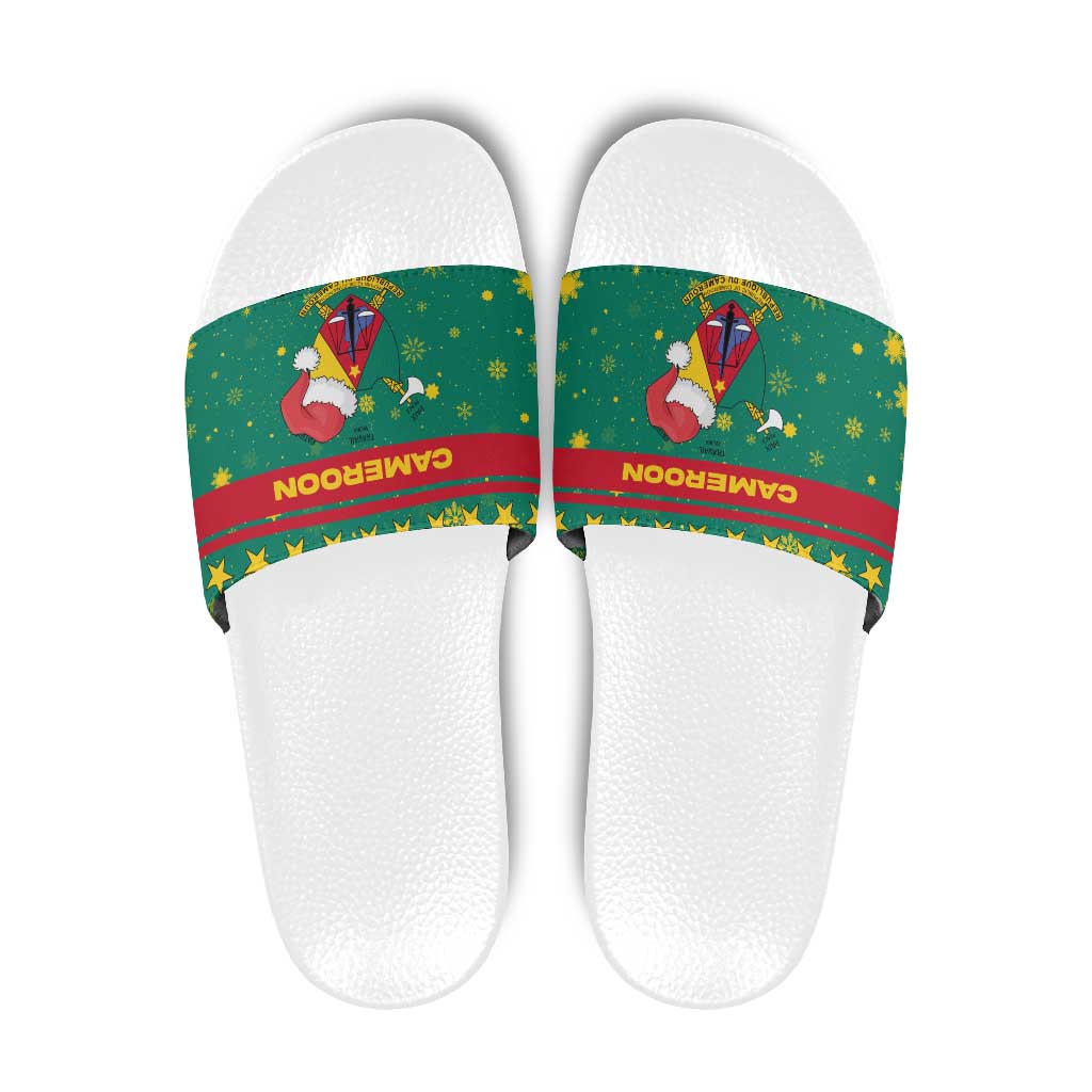 Cameroon Christmas Slide Sandals with Green Red Pattern Coat of Arms Santa Hat and Stars Motif - Wonder Print Shop