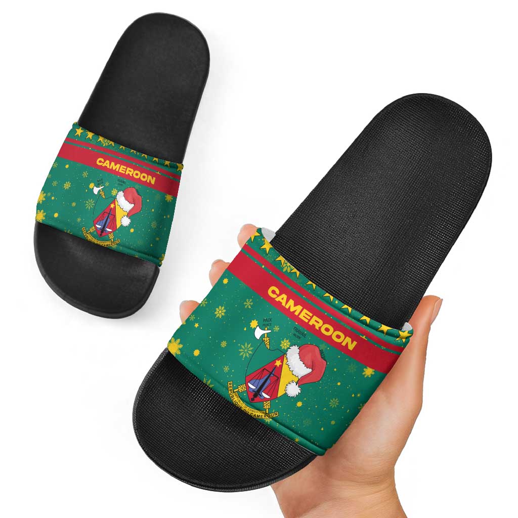 Cameroon Christmas Slide Sandals with Green Red Pattern Coat of Arms Santa Hat and Stars Motif - Wonder Print Shop