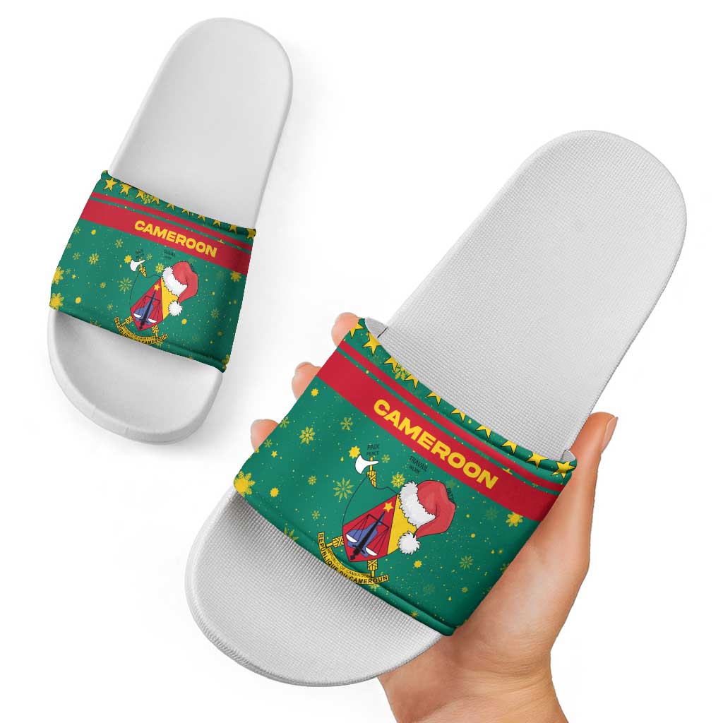Cameroon Christmas Slide Sandals with Green Red Pattern Coat of Arms Santa Hat and Stars Motif - Wonder Print Shop
