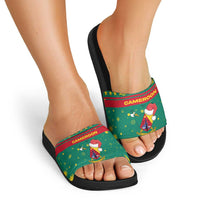 Cameroon Christmas Slide Sandals with Green Red Pattern Coat of Arms Santa Hat and Stars Motif - Wonder Print Shop