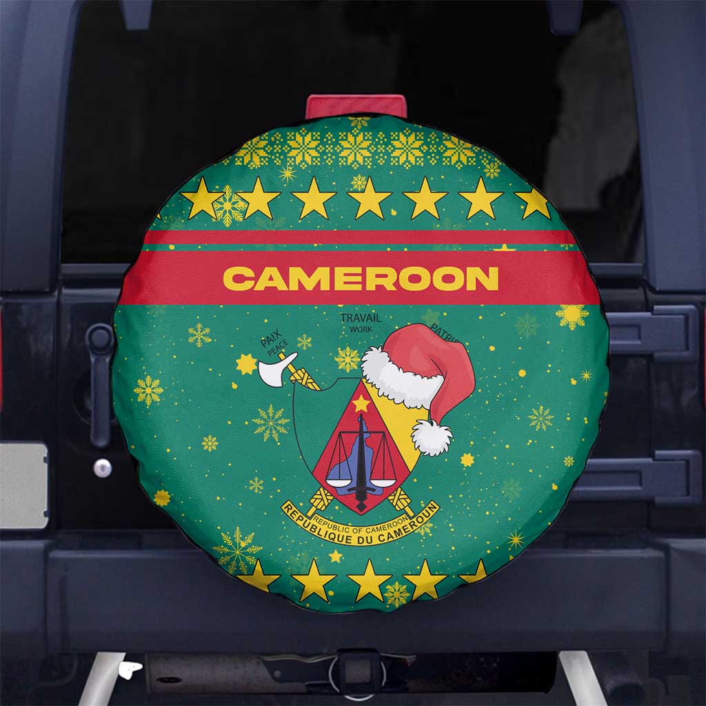 Cameroon Christmas Spare Tire Cover with Green Red Pattern Coat of Arms Santa Hat and Stars Motif - Wonder Print Shop