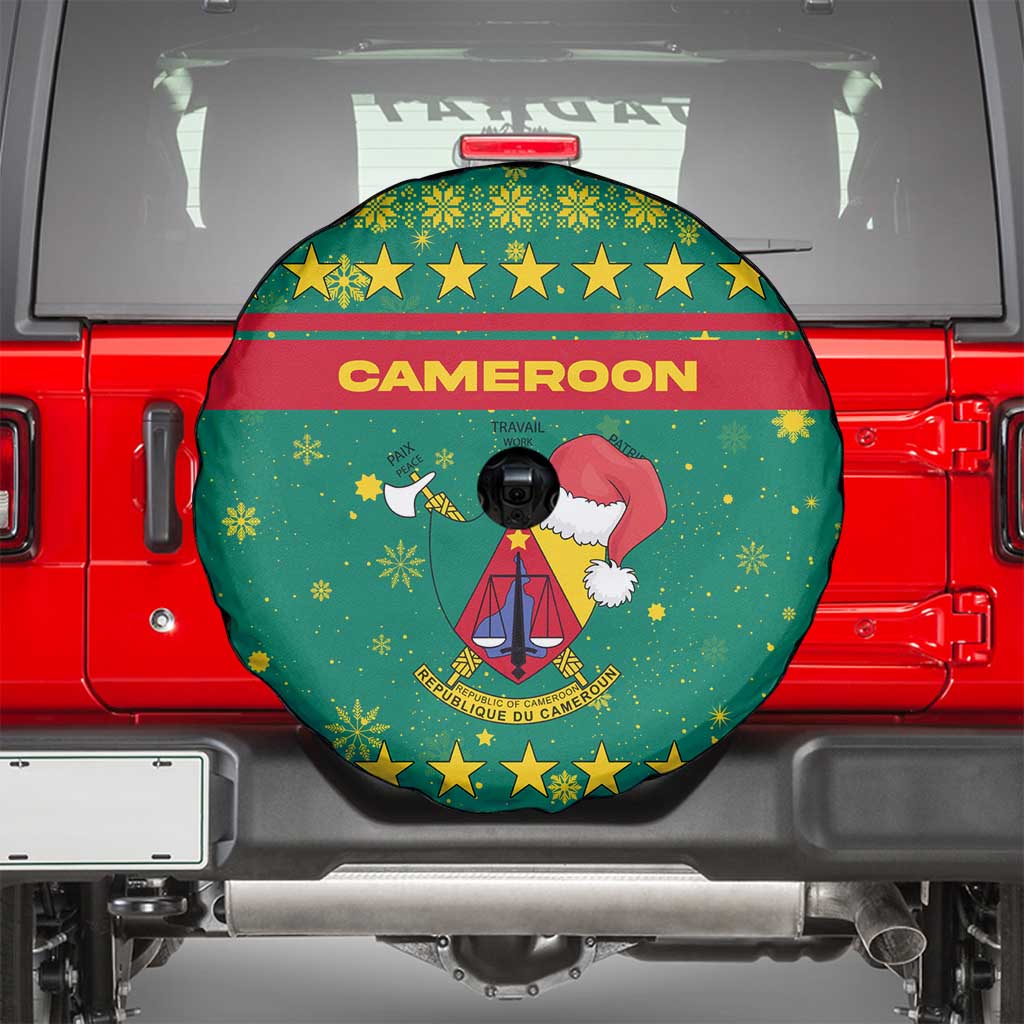 Cameroon Christmas Spare Tire Cover with Green Red Pattern Coat of Arms Santa Hat and Stars Motif - Wonder Print Shop
