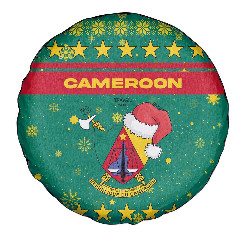 Cameroon Christmas Spare Tire Cover with Green Red Pattern Coat of Arms Santa Hat and Stars Motif - Wonder Print Shop