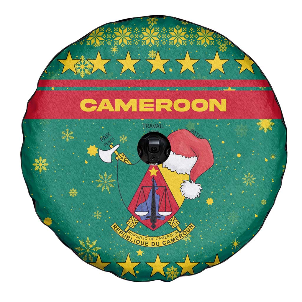 Cameroon Christmas Spare Tire Cover with Green Red Pattern Coat of Arms Santa Hat and Stars Motif - Wonder Print Shop
