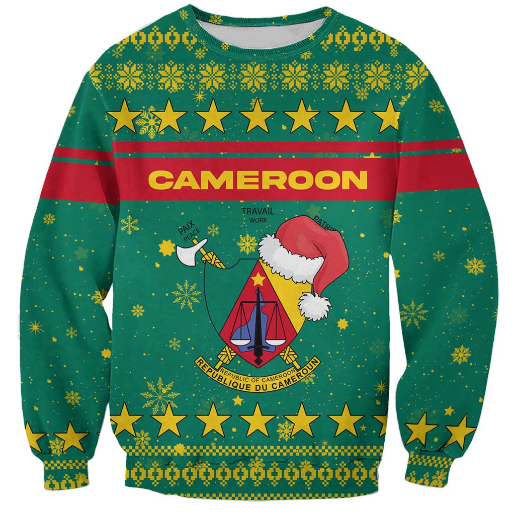 Cameroon Christmas Sweatshirt with Green Red Pattern Coat of Arms Santa Hat and Stars Motif - Wonder Print Shop