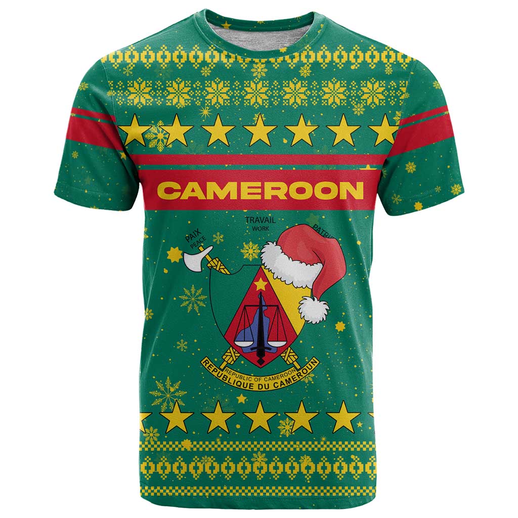 Cameroon Christmas T Shirt with Green Red Pattern Coat of Arms Santa Hat and Stars Motif - Wonder Print Shop