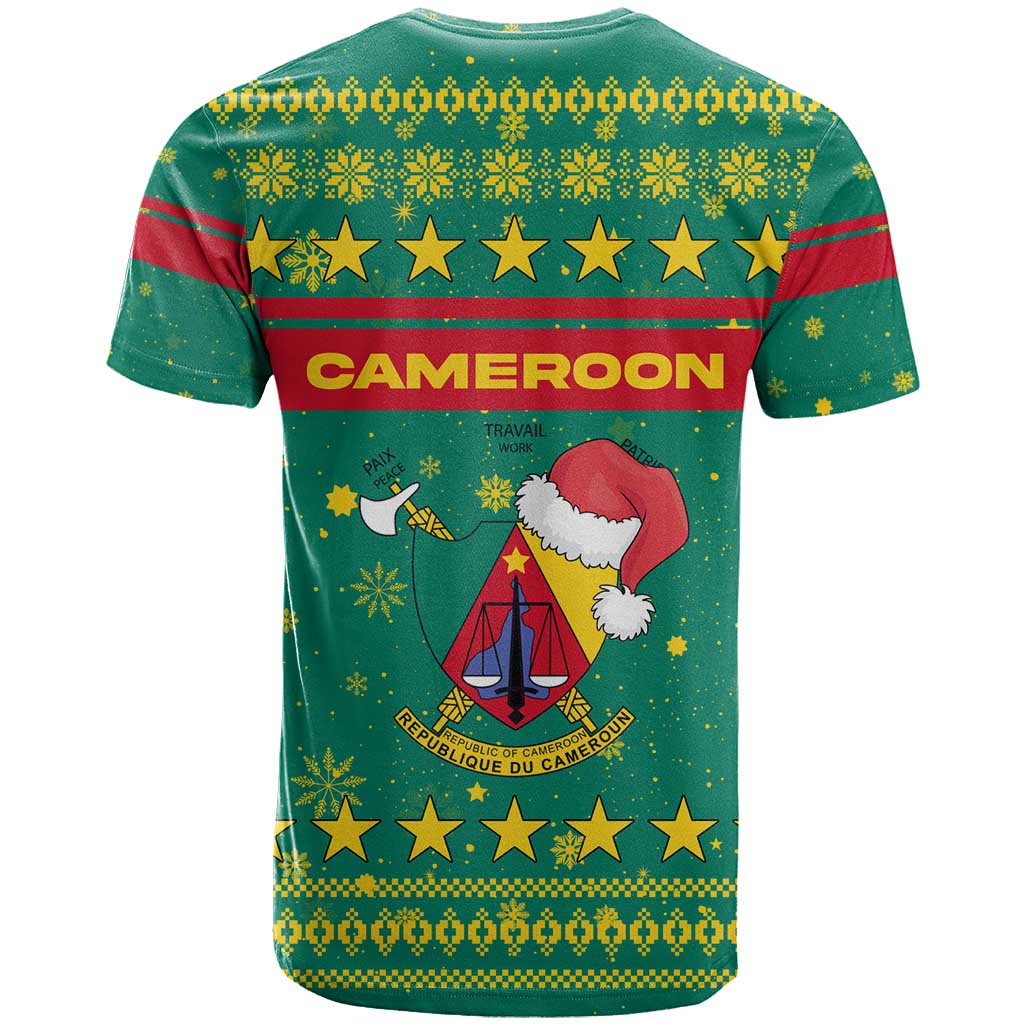 Cameroon Christmas T Shirt with Green Red Pattern Coat of Arms Santa Hat and Stars Motif - Wonder Print Shop