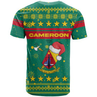 Cameroon Christmas T Shirt with Green Red Pattern Coat of Arms Santa Hat and Stars Motif - Wonder Print Shop