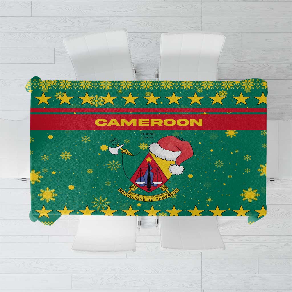 Cameroon Christmas Tablecloth with Green Red Pattern Coat of Arms Santa Hat and Stars Motif - Wonder Print Shop