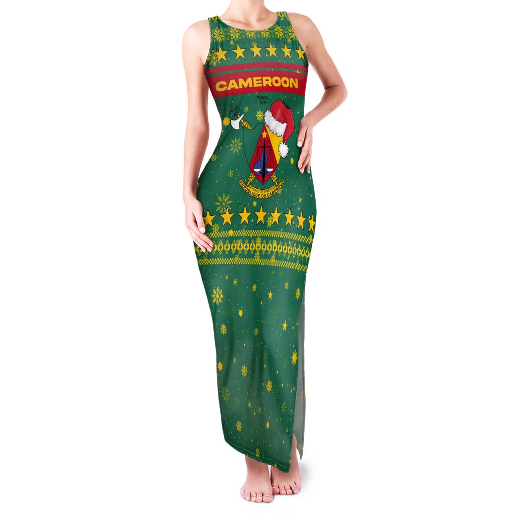 Cameroon Christmas Tank Maxi Dress with Green Red Pattern Coat of Arms Santa Hat and Stars Motif - Wonder Print Shop