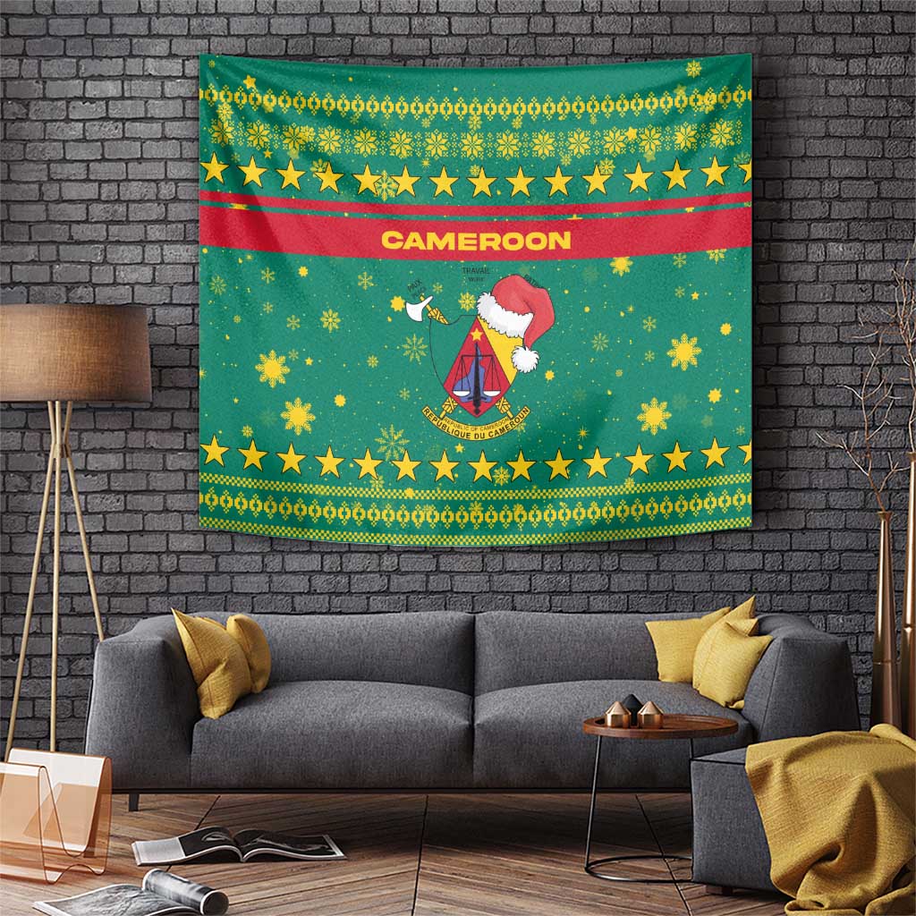 Cameroon Christmas Tapestry with Green Red Pattern Coat of Arms Santa Hat and Stars Motif - Wonder Print Shop