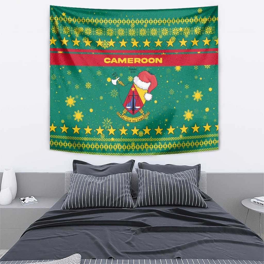 Cameroon Christmas Tapestry with Green Red Pattern Coat of Arms Santa Hat and Stars Motif - Wonder Print Shop
