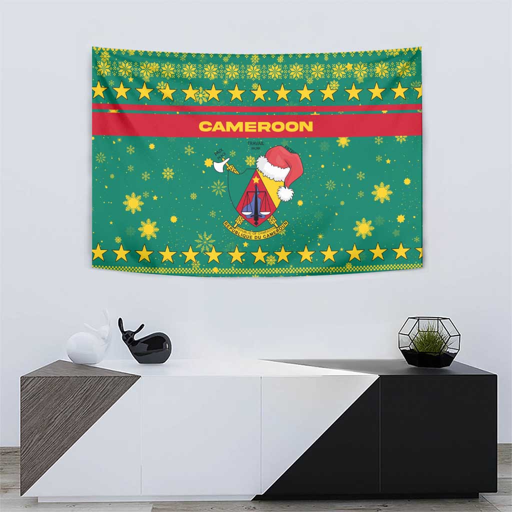 Cameroon Christmas Tapestry with Green Red Pattern Coat of Arms Santa Hat and Stars Motif - Wonder Print Shop