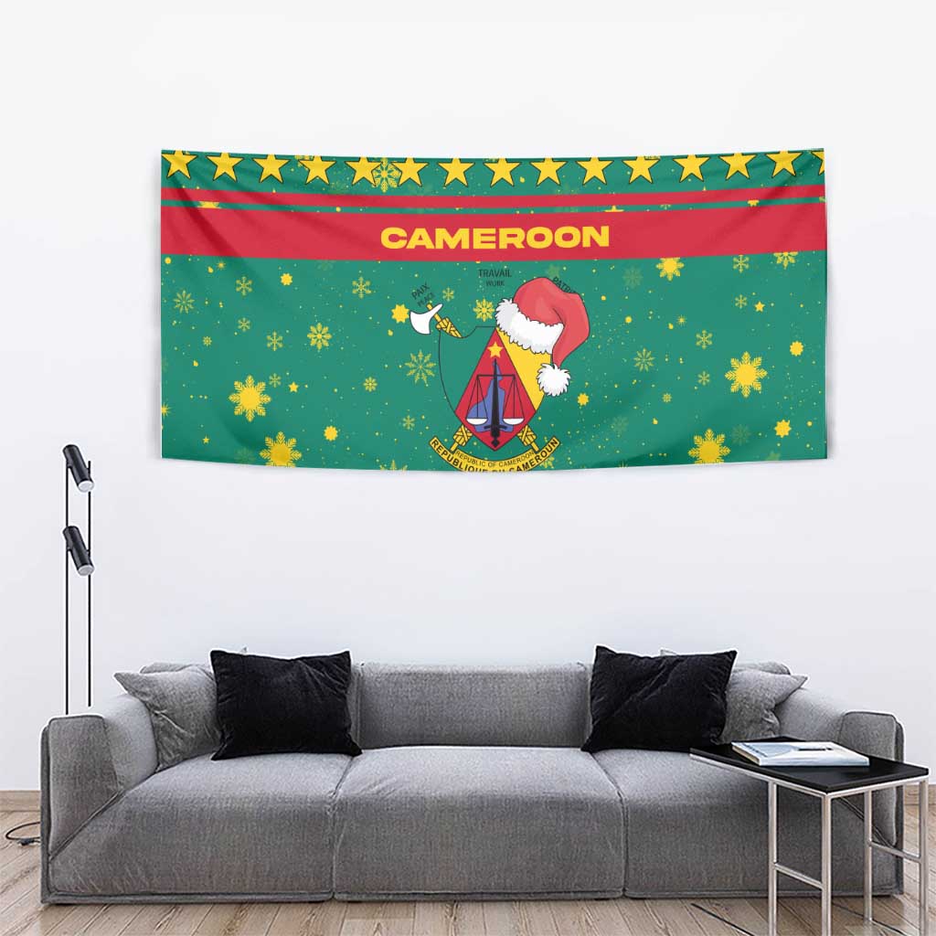 Cameroon Christmas Tapestry with Green Red Pattern Coat of Arms Santa Hat and Stars Motif - Wonder Print Shop