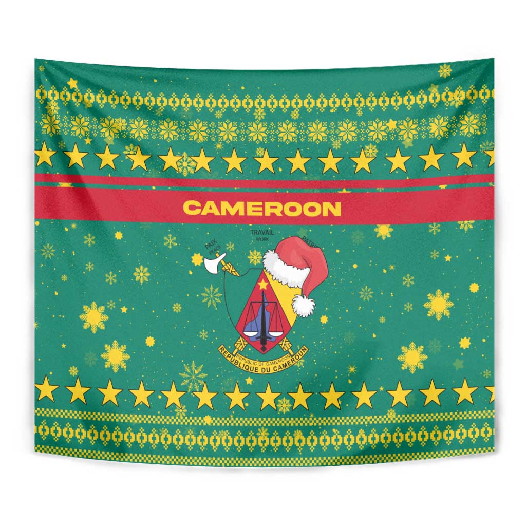 Cameroon Christmas Tapestry with Green Red Pattern Coat of Arms Santa Hat and Stars Motif - Wonder Print Shop