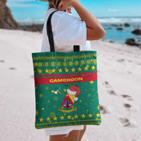 Cameroon Christmas Tote Bag with Green Red Pattern Coat of Arms Santa Hat and Stars Motif - Wonder Print Shop