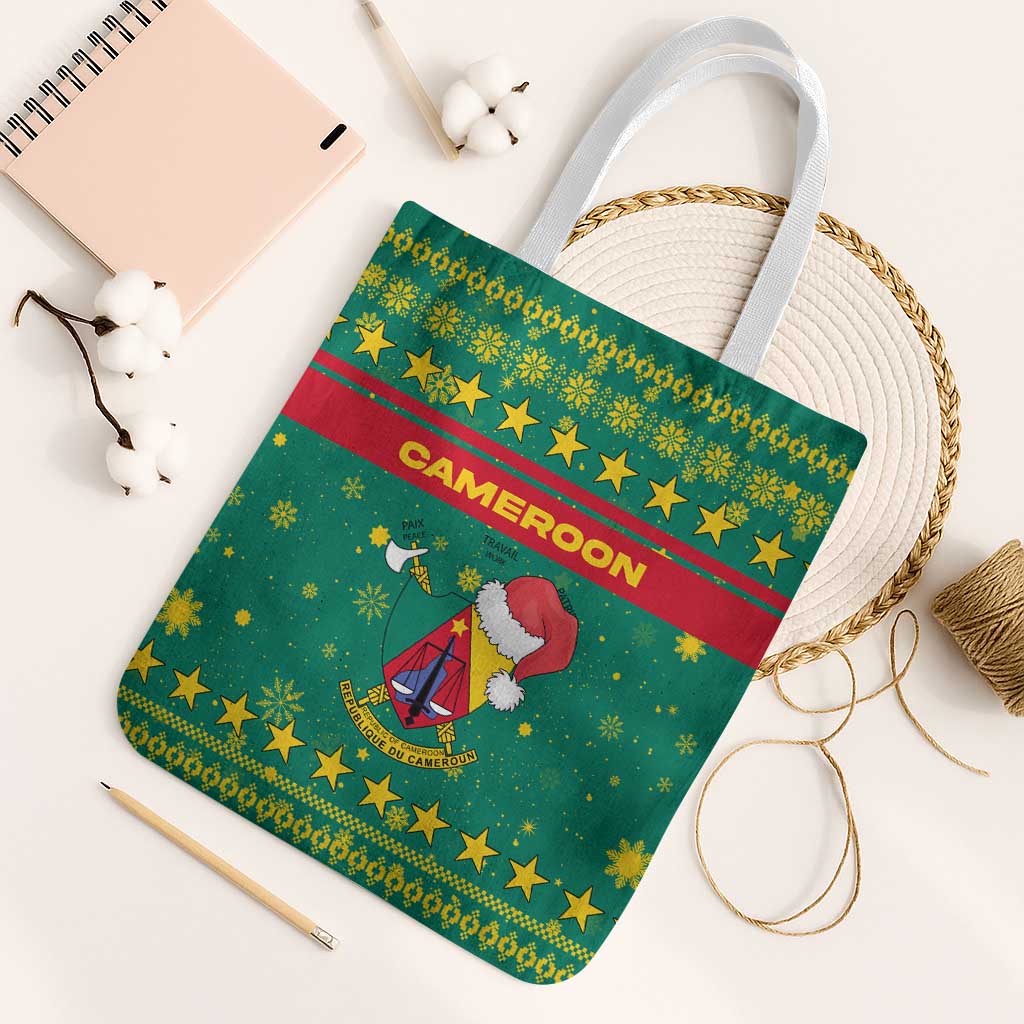 Cameroon Christmas Tote Bag with Green Red Pattern Coat of Arms Santa Hat and Stars Motif - Wonder Print Shop