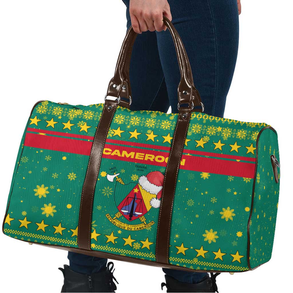 Cameroon Christmas Travel Bag with Green Red Pattern Coat of Arms Santa Hat and Stars Motif - Wonder Print Shop