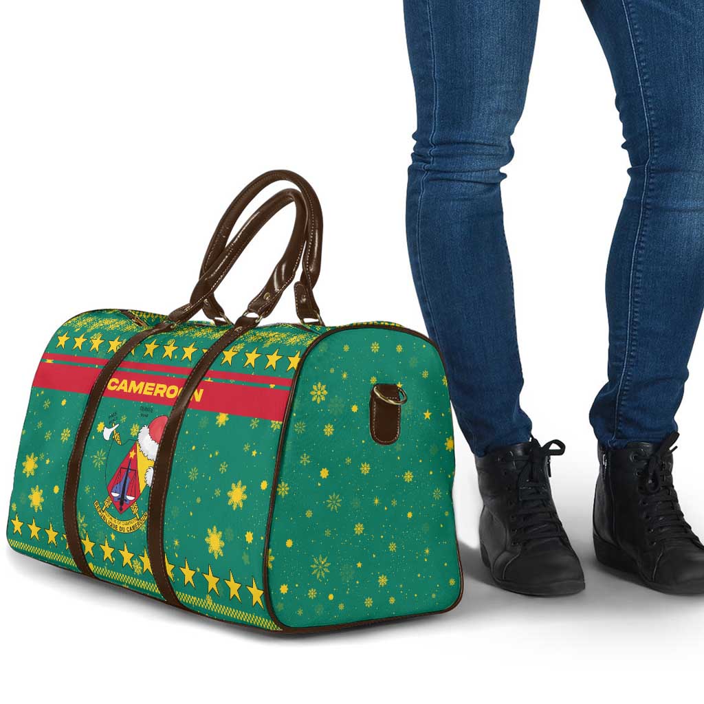 Cameroon Christmas Travel Bag with Green Red Pattern Coat of Arms Santa Hat and Stars Motif - Wonder Print Shop