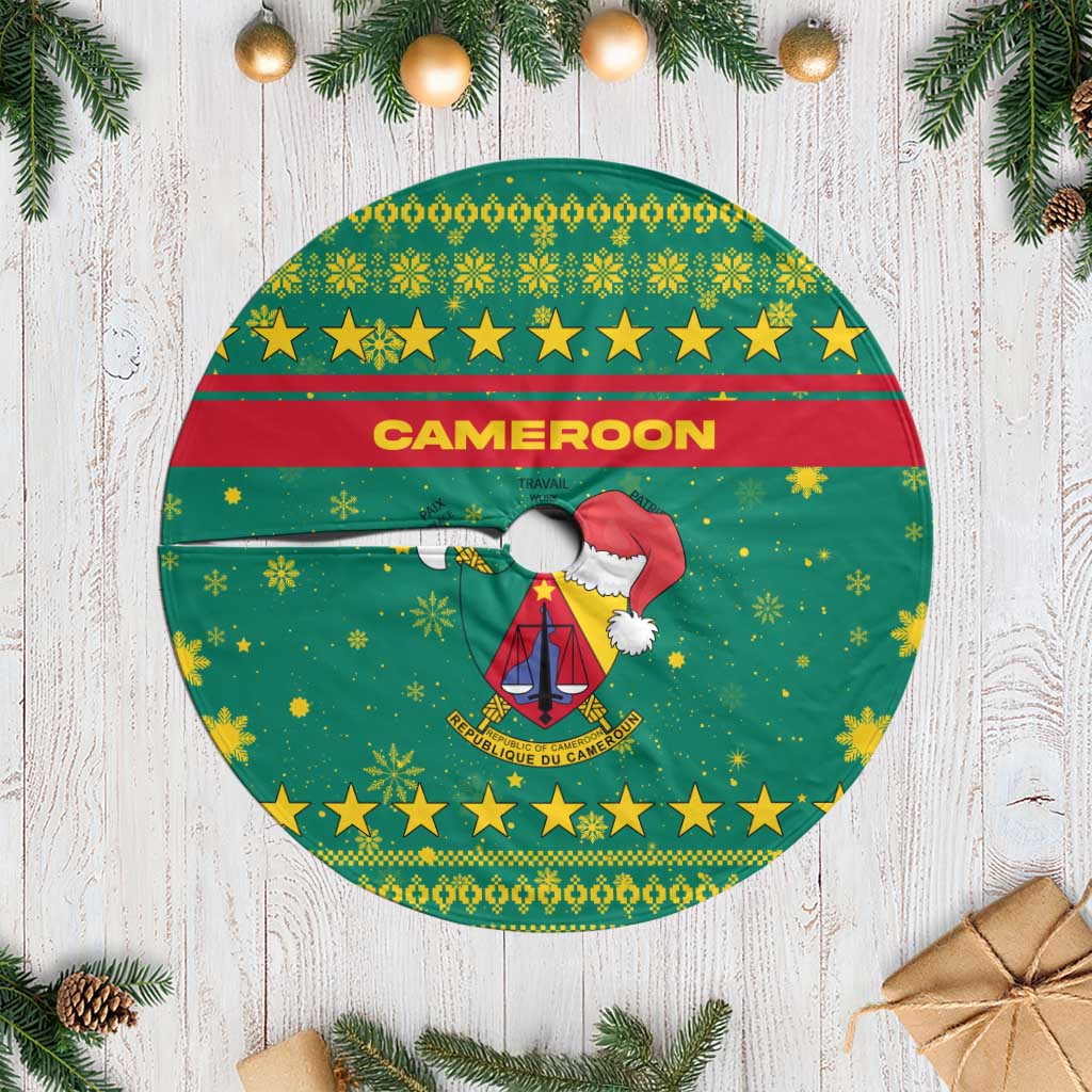 Cameroon Christmas Tree Skirt with Green Red Pattern Coat of Arms Santa Hat and Stars Motif - Wonder Print Shop
