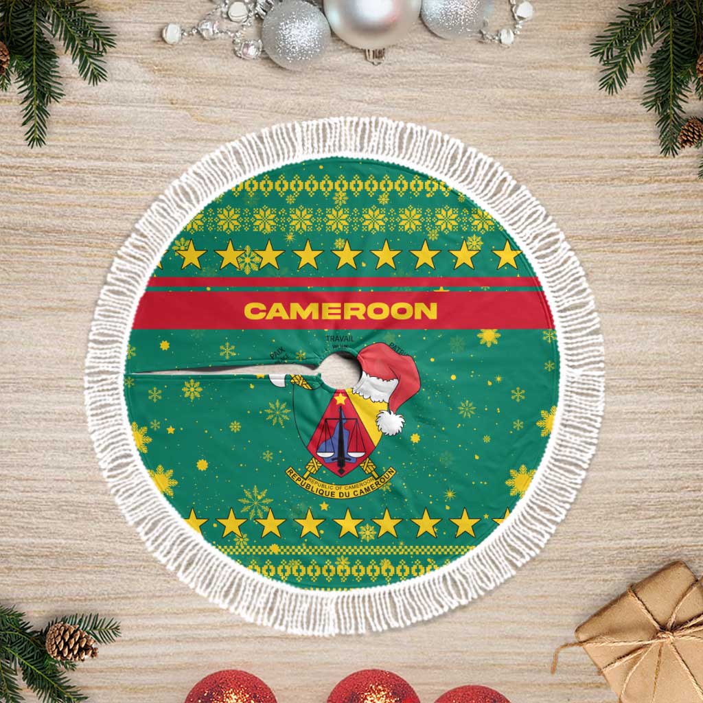 Cameroon Christmas Tree Skirt with Green Red Pattern Coat of Arms Santa Hat and Stars Motif - Wonder Print Shop