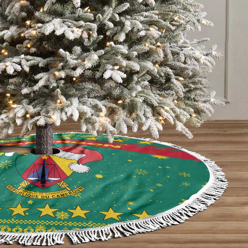 Cameroon Christmas Tree Skirt with Green Red Pattern Coat of Arms Santa Hat and Stars Motif - Wonder Print Shop