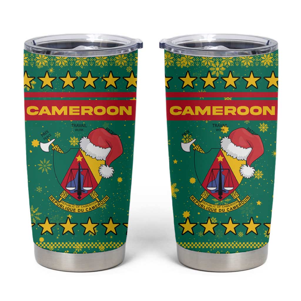 Cameroon Christmas Tumbler Cup with Green Red Pattern Coat of Arms Santa Hat and Stars Motif - Wonder Print Shop