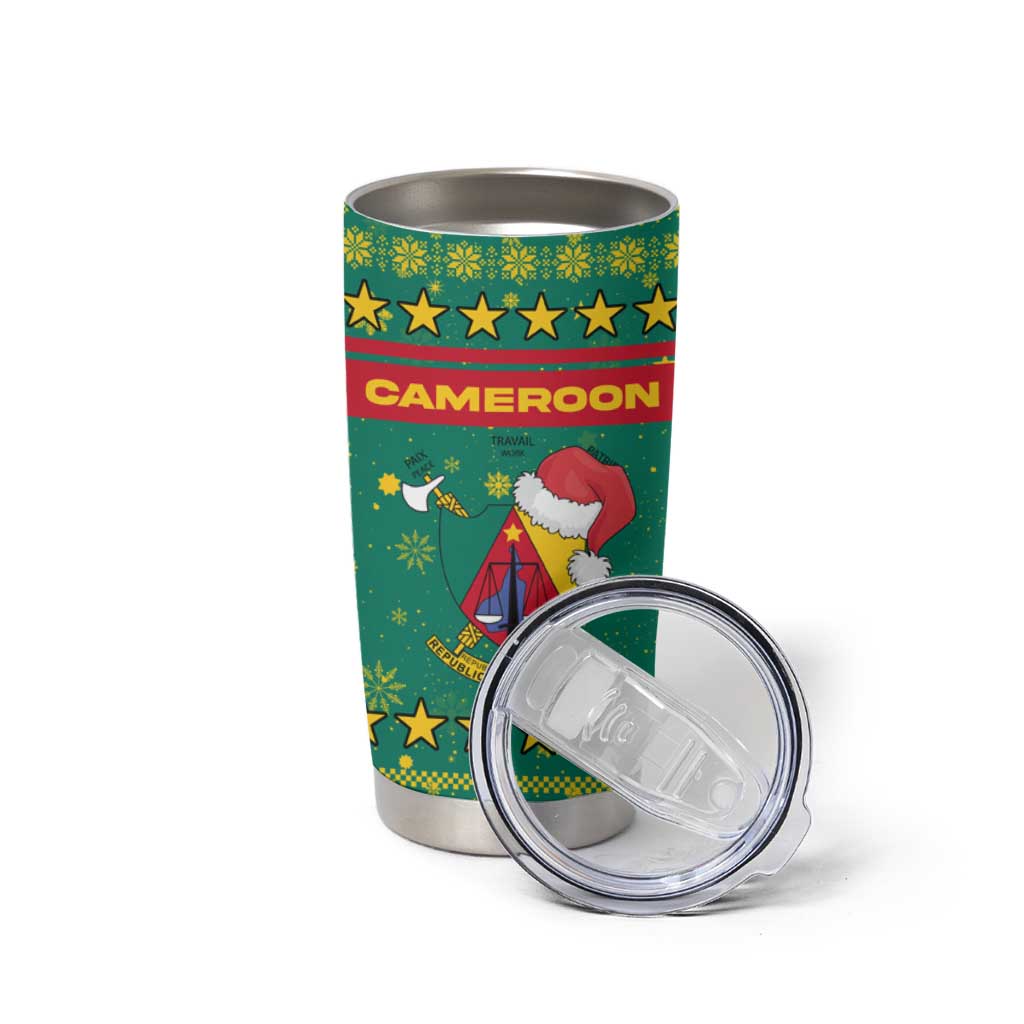 Cameroon Christmas Tumbler Cup with Green Red Pattern Coat of Arms Santa Hat and Stars Motif - Wonder Print Shop