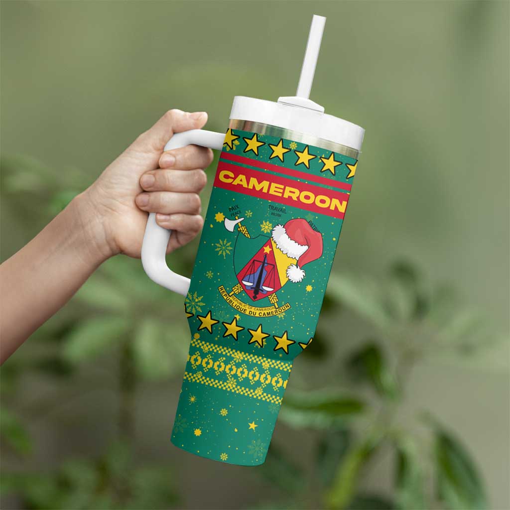 Cameroon Christmas Tumbler With Handle with Green Red Pattern Coat of Arms Santa Hat and Stars Motif - Wonder Print Shop