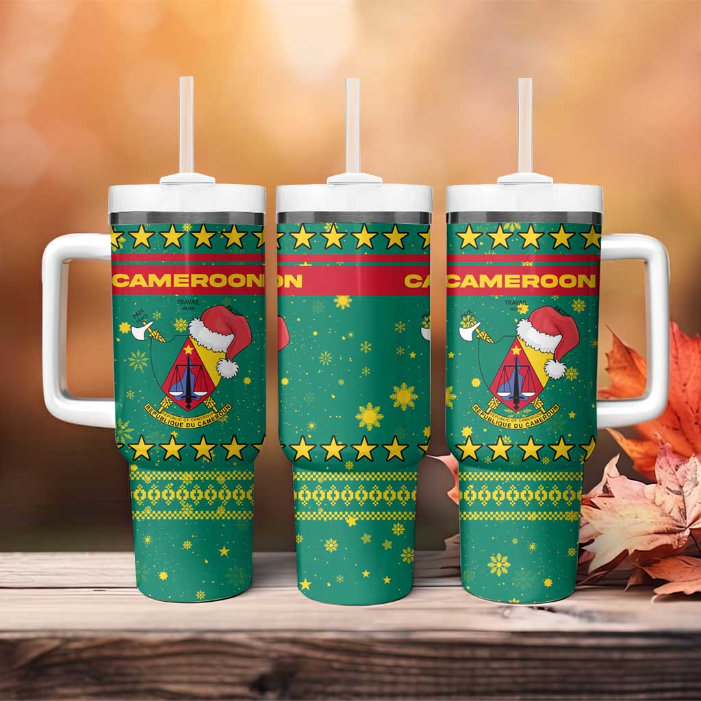 Cameroon Christmas Tumbler With Handle with Green Red Pattern Coat of Arms Santa Hat and Stars Motif - Wonder Print Shop