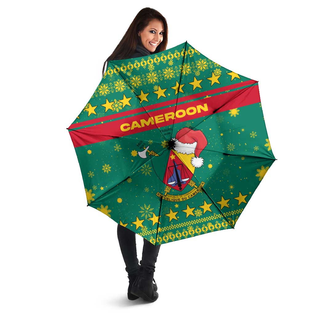 Cameroon Christmas Umbrella with Green Red Pattern Coat of Arms Santa Hat and Stars Motif - Wonder Print Shop