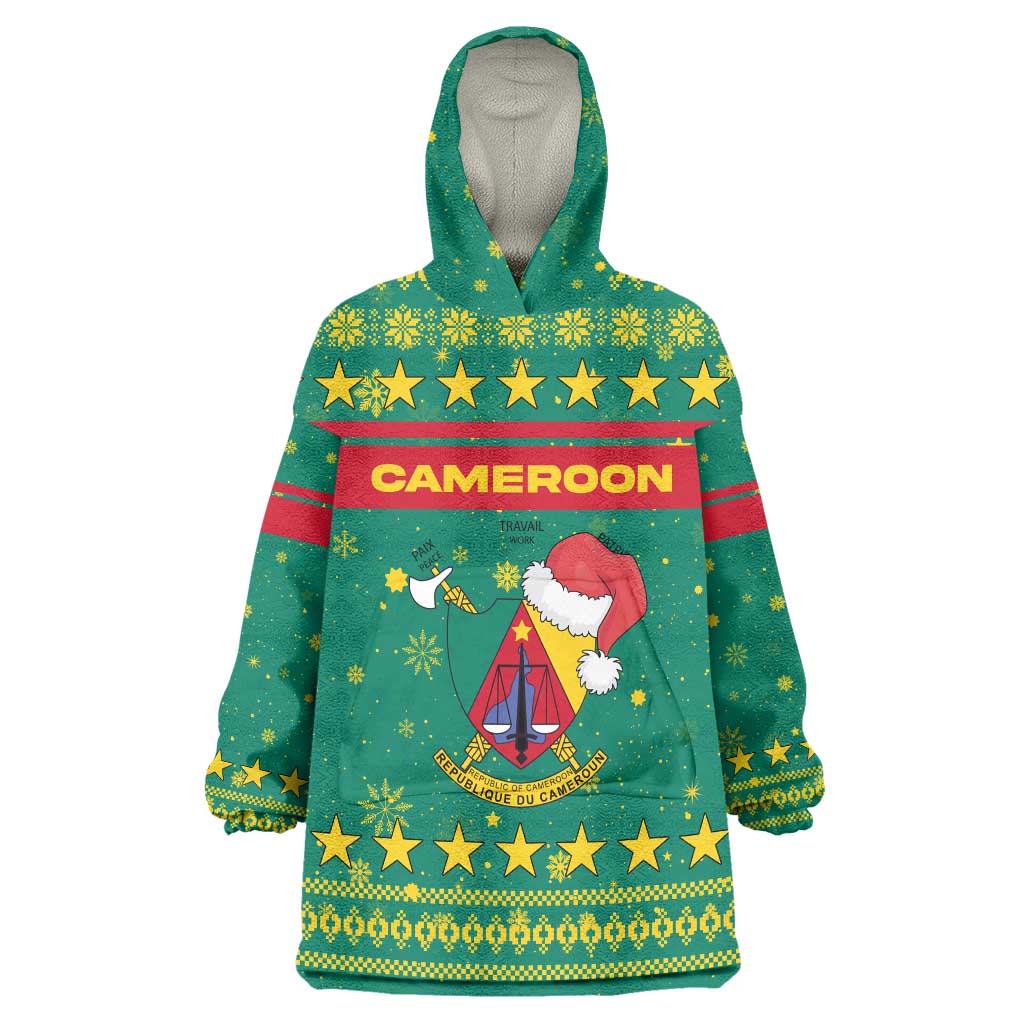 Cameroon Christmas Wearable Blanket Hoodie with Green Red Pattern Coat of Arms Santa Hat and Stars Motif - Wonder Print Shop