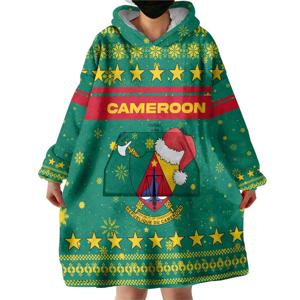 Cameroon Christmas Wearable Blanket Hoodie with Green Red Pattern Coat of Arms Santa Hat and Stars Motif - Wonder Print Shop