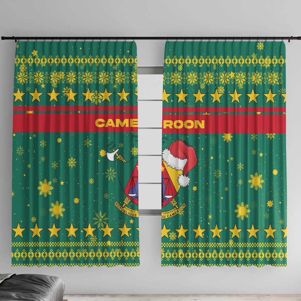 Cameroon Christmas Window Curtain with Green Red Pattern Coat of Arms Santa Hat and Stars Motif - Wonder Print Shop