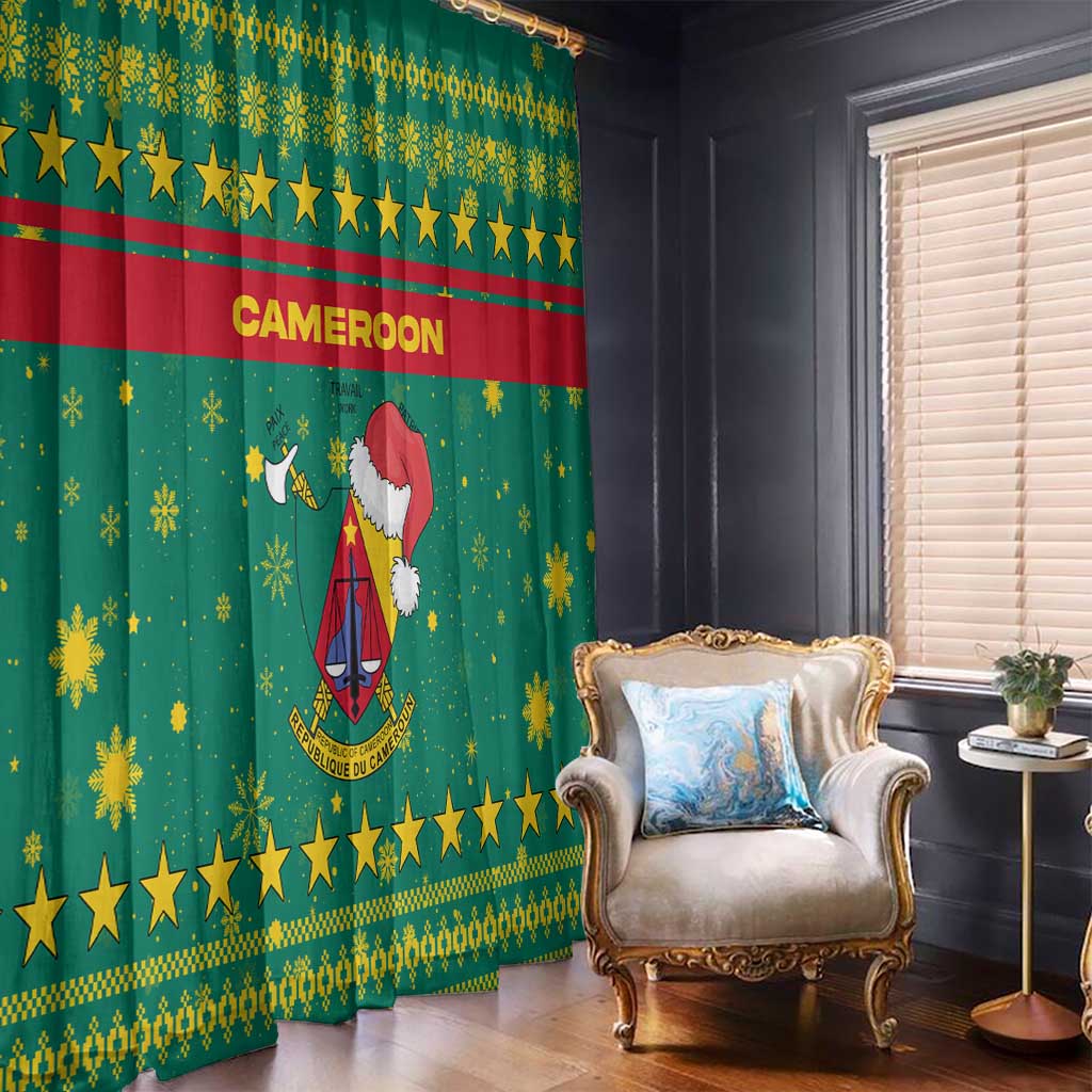 Cameroon Christmas Window Curtain with Green Red Pattern Coat of Arms Santa Hat and Stars Motif - Wonder Print Shop