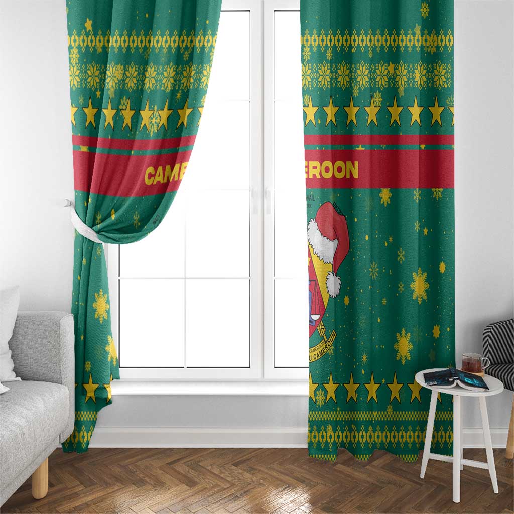 Cameroon Christmas Window Curtain with Green Red Pattern Coat of Arms Santa Hat and Stars Motif - Wonder Print Shop