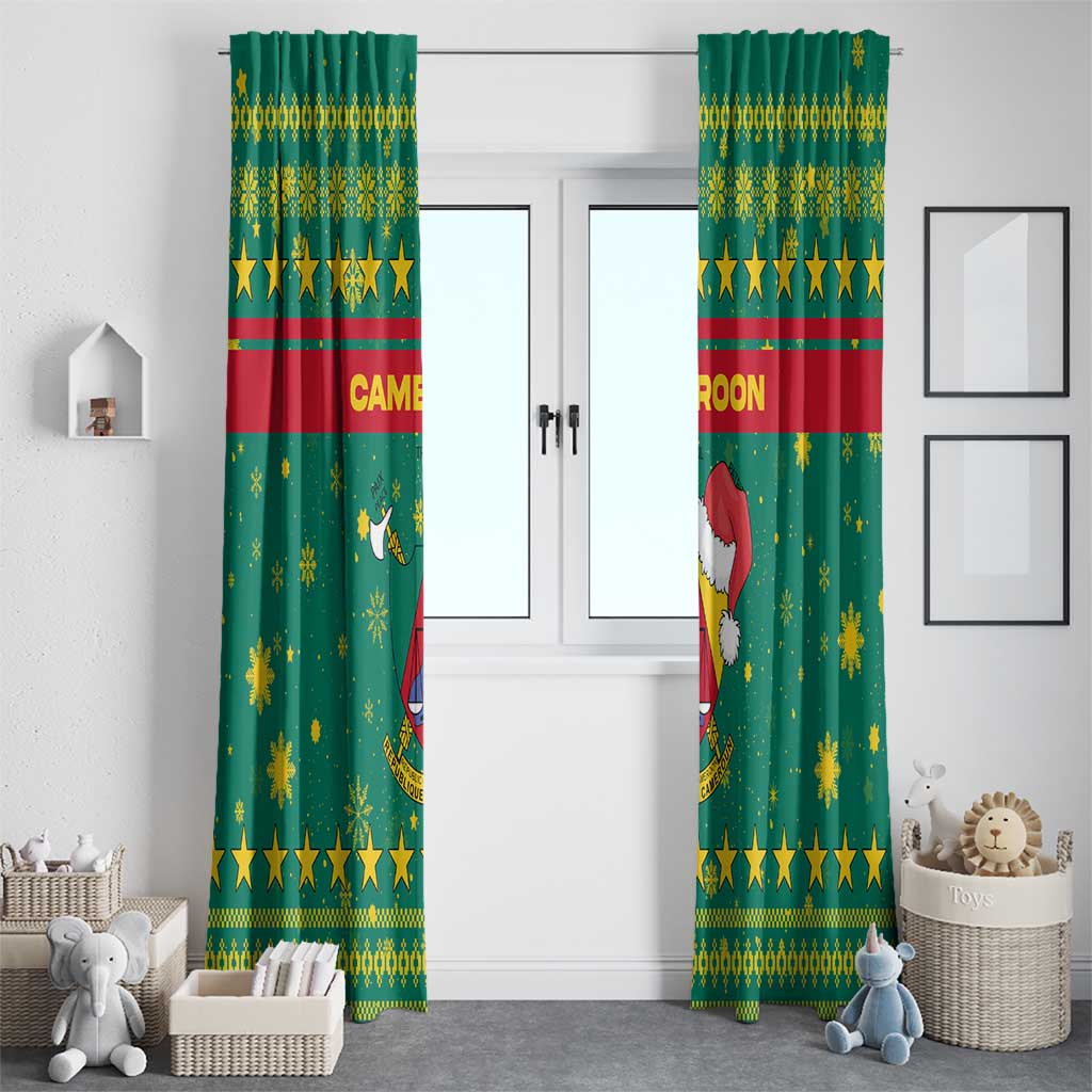 Cameroon Christmas Window Curtain with Green Red Pattern Coat of Arms Santa Hat and Stars Motif - Wonder Print Shop