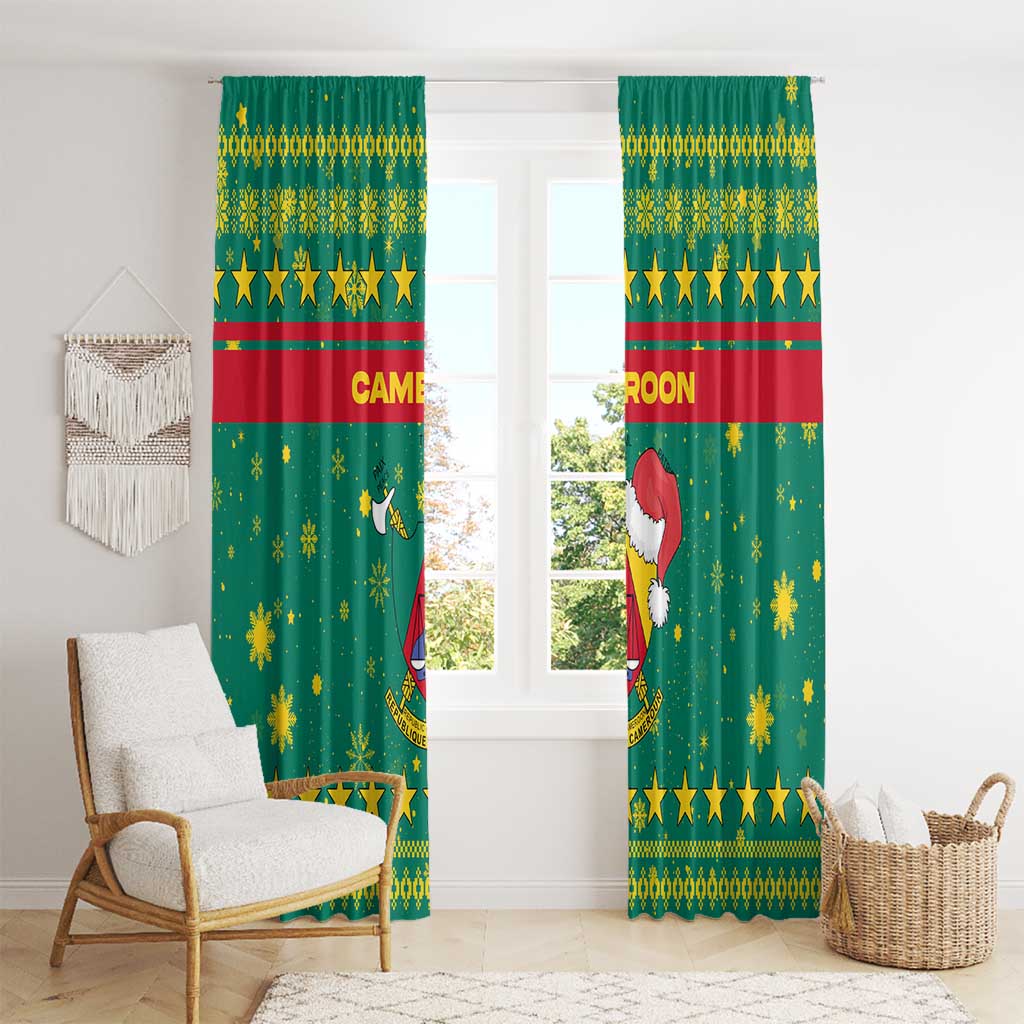 Cameroon Christmas Window Curtain with Green Red Pattern Coat of Arms Santa Hat and Stars Motif - Wonder Print Shop