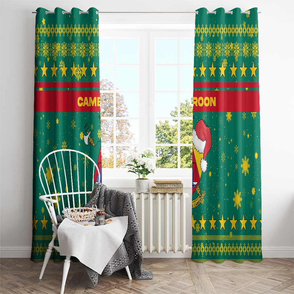 Cameroon Christmas Window Curtain with Green Red Pattern Coat of Arms Santa Hat and Stars Motif - Wonder Print Shop