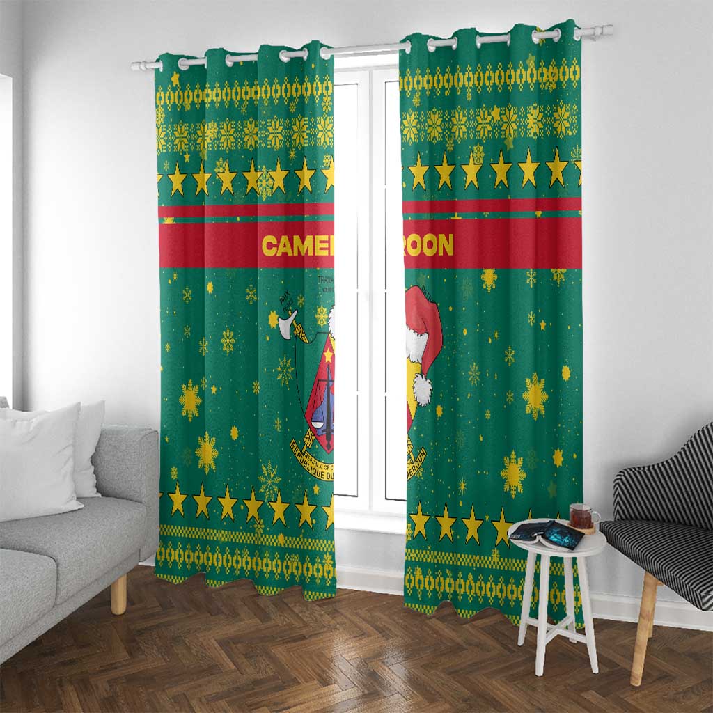 Cameroon Christmas Window Curtain with Green Red Pattern Coat of Arms Santa Hat and Stars Motif - Wonder Print Shop